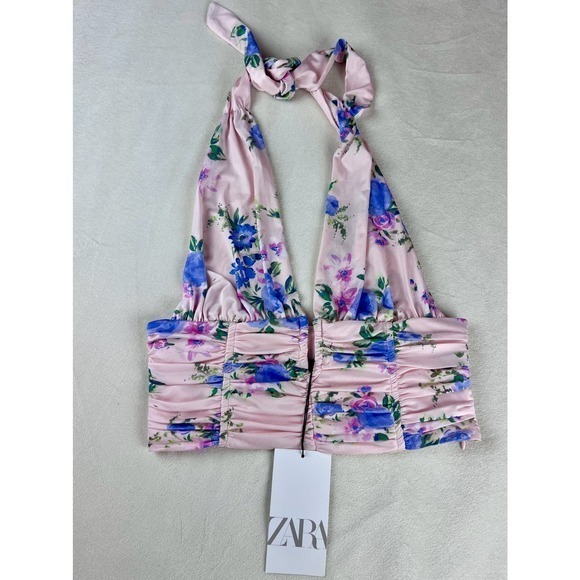 Zara Women's Pink Floral Ruched‎ Halter Crop Tank Size S - Picture 4 of 8